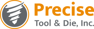 Precise Tool and Die Logo - Orange and dark gray sans-serif type with drill bit icon to left